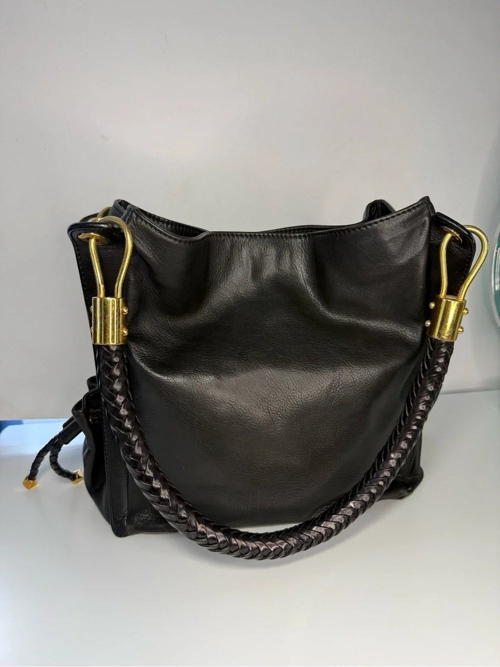 Michael Kors Black Braided-Handle Shoulder Hobo with Gold-Tone Accents